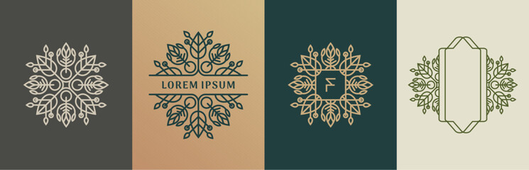 Luxury flowers and leaves logo design. Frames with copy space for text or letter. Abstract vector based creative line style template.