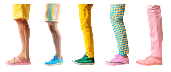 Set of man legs in fashion shoes on png background.