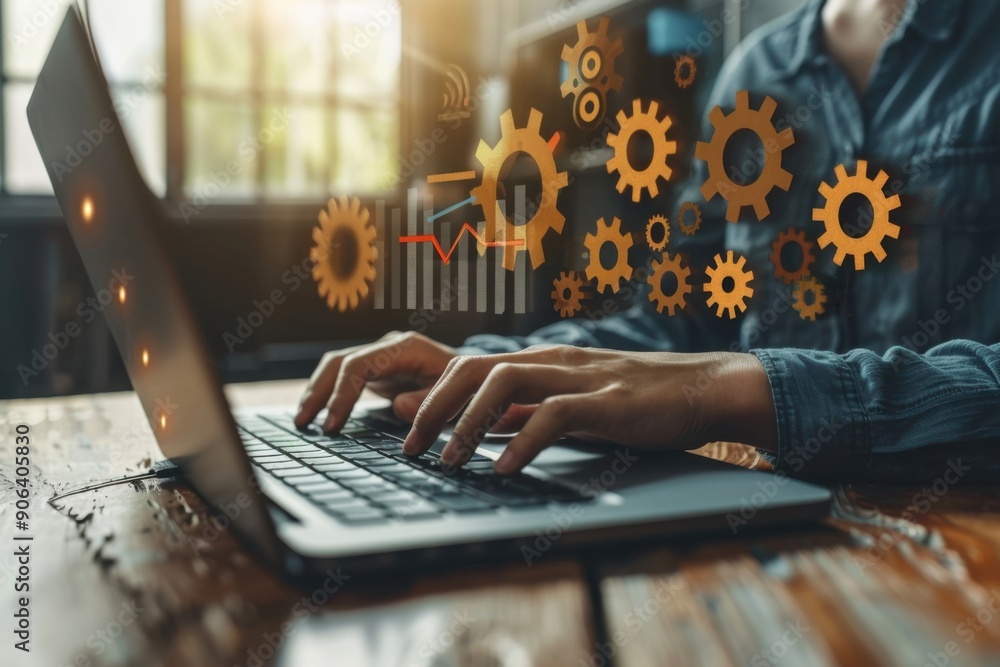 Poster person working on a laptop with gears and a graph illustration representing efficiency and productiv