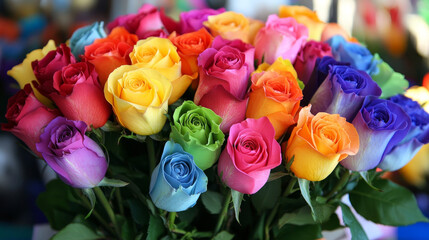 Colorful rose bouquets for sale, featuring a vibrant mix of multicolored roses arranged beautifully, perfect for gifts or decoration.