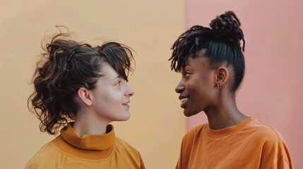 Detailed photograph of two friends having a conversation while standing with a plain color background