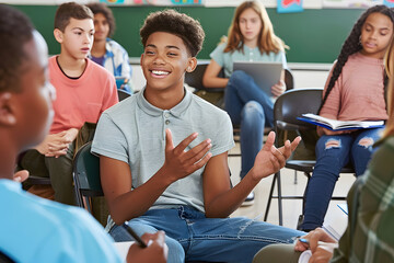 Diverse multiethnic group of students in a modern classroom, engaging in interactive learning activities, fostering an inclusive and collaborative educational environment