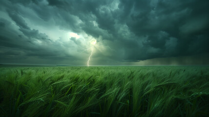 Dark sky with rain storm and lightning strikes falling on green wheat field