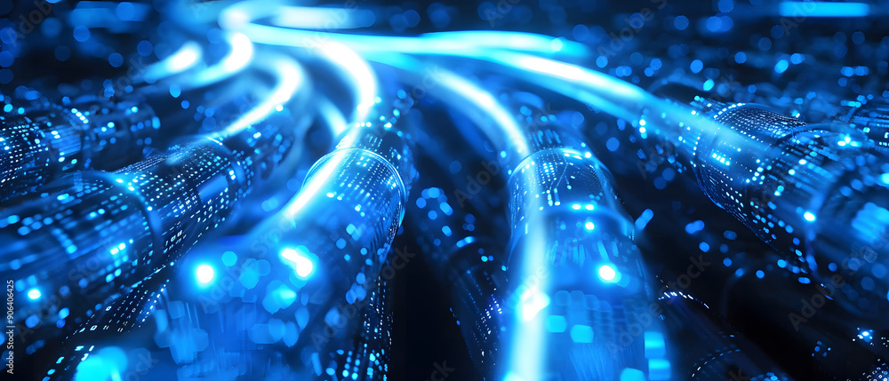 Poster a long digital pipeline shaped by vibrant, glowing blue matrix binary code. isolated on black backgr