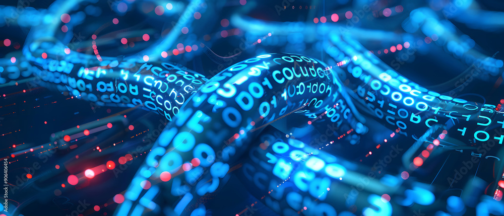 Poster a long digital pipeline shaped by vibrant, glowing blue matrix binary code. isolated on black backgr