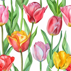 Obraz premium Watercolor tulips pattern, seamless, vector illustration
