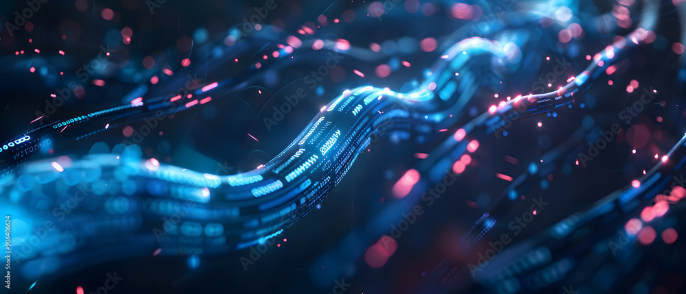 Poster a long digital pipeline shaped by vibrant, glowing blue matrix binary code. isolated on black backgr