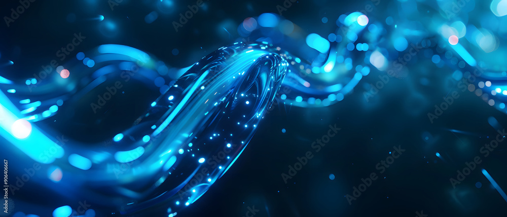 Poster a long digital pipeline shaped by vibrant, glowing blue matrix binary code. isolated on black backgr