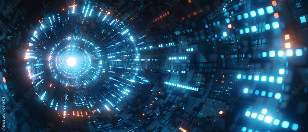 Poster a long digital pipeline shaped by vibrant, glowing blue matrix binary code. isolated on black backgr