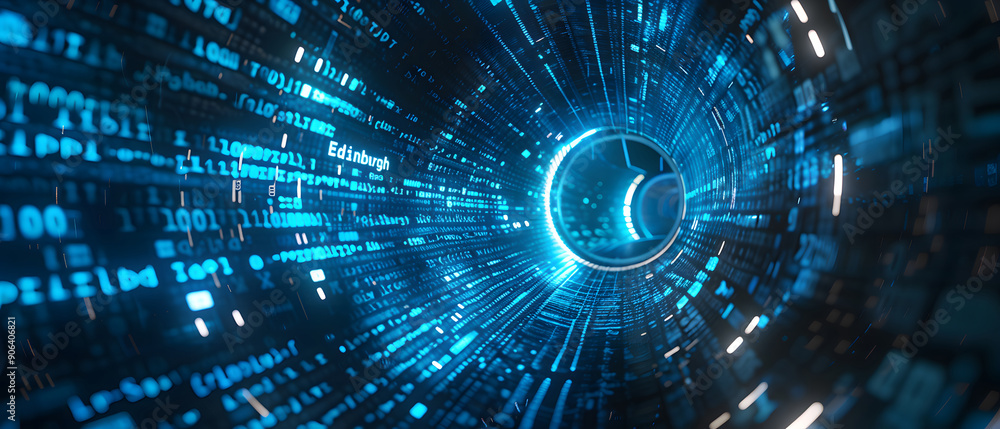 Poster a long digital pipeline shaped by vibrant, glowing blue matrix binary code. isolated on black backgr