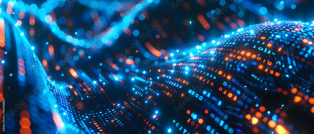 Poster a long digital pipeline shaped by vibrant, glowing blue matrix binary code. isolated on black backgr