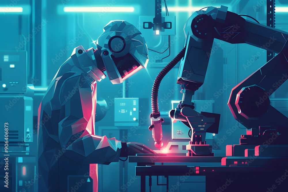 Poster futuristic robotics: a technician and a robotic arm collaborate in a high-tech environment
