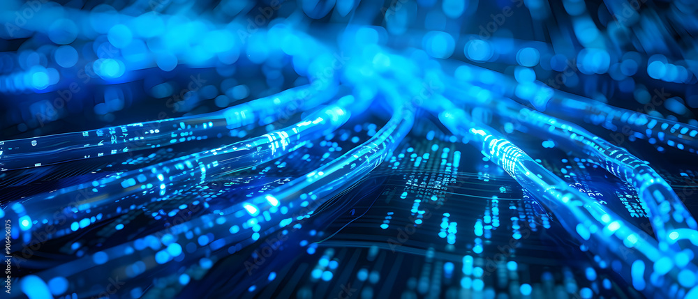 Poster a long digital pipeline shaped by vibrant, glowing blue matrix binary code. isolated on black backgr