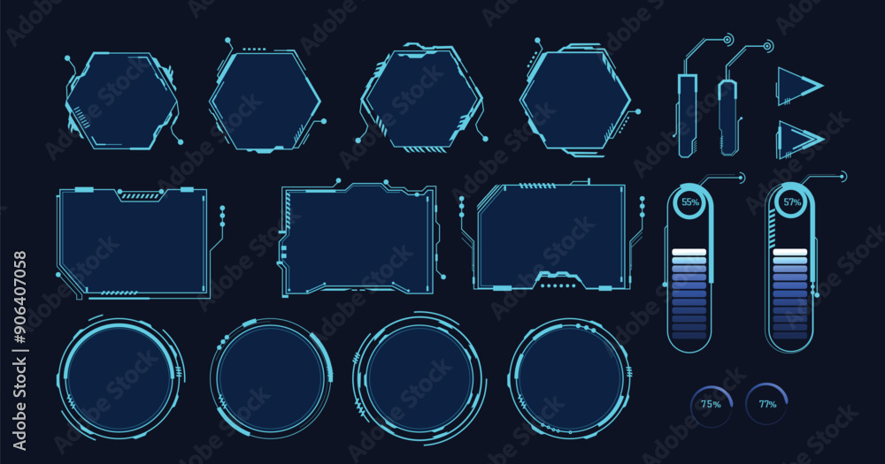 Poster Frames HUD futuristic style. Abstract geometric patterns. Futuristic technology icons, digital technology on a dark blue background.