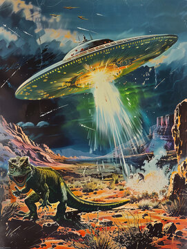 Retro vintage color illustration campy movie poster dramatic UFO flying saucer battling giant lizard 1960s sci-fi science fiction alien invasion journalistic hoax conspiracy theory concepts