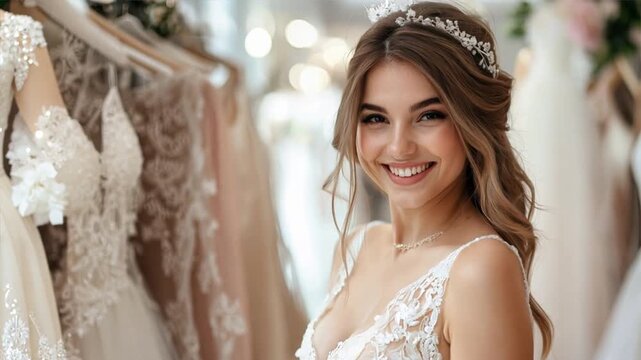A woman is smiling and posing in front of a rack of wedding dresses. The dresses are all white and have lace detailing. The woman is wearing a tiara and has her hair styled in a bun