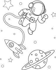 Doodle Astronaut Cartoon, coloring Line art