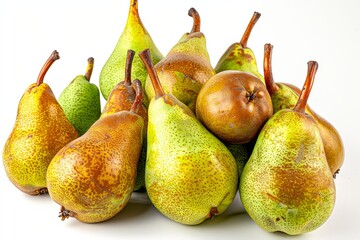 Freshly harvested pears displayed on white background under natural lighting