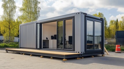 Portable small, mobile or modular temporary prefab steel home, business office. Outdoor industrial workplace, modern architecture interior exterior design, shipping container, real estate property