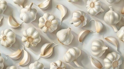 An artistic arrangement showing multiple garlic bulbs and scattered cloves. The image highlights the natural elegance and culinary importance of garlic in cooking.