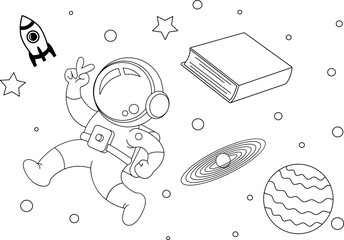 Doodle Astronaut Cartoon, coloring Line art