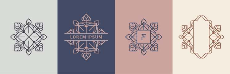 Luxury flowers and leaves logo design. Frames with copy space for text or letter. Abstract vector based creative line style template.