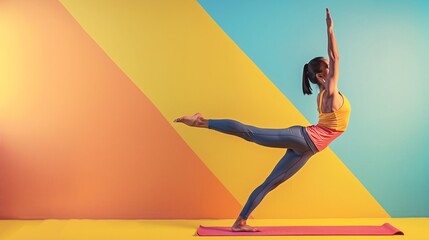 Girl practicing yoga or stretching with a solid color background, highly detailed photograph