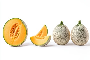 Vibrant melons displayed on a clean surface with one cut open revealing juicy flesh