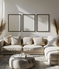 Modern Living Room with White Sofa and Three Empty Frames