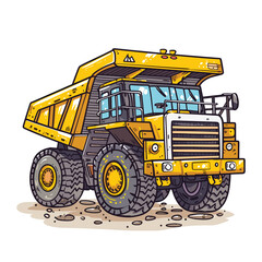 Yellow dump truck cartoon style isolated white background. Huge wheels construction machinery vibrant colors. Detailed heavy vehicle mining equipment illustration