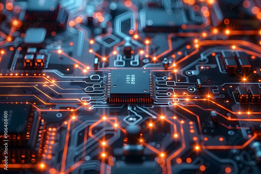 Poster intricate circuit board with glowing connections and microchips
