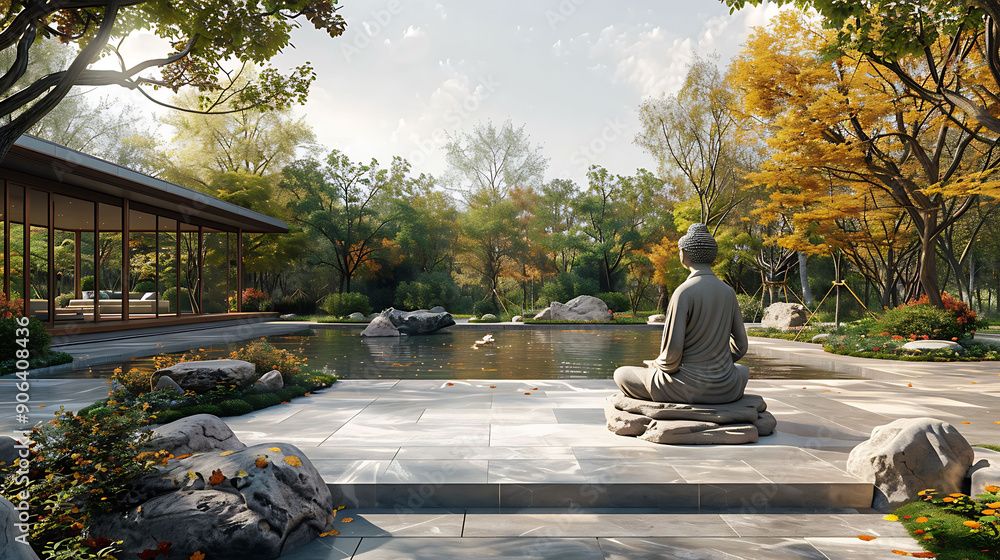 Poster serene garden where individuals are practicing tai chi with the help of augmented reality guides to 