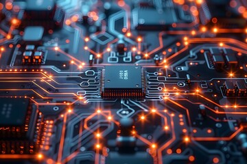 Fototapeta premium Intricate Circuit Board with Glowing Connections and Microchips