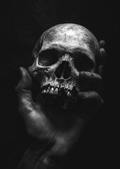 Obraz premium hand holding a skull in black and white