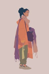 Naklejka premium Minimalism illustration, a South Asian woman, wearing a boho poncho with a large handbag and a scarf, standing with one foot slightly forward, flat illustration on light lavender background