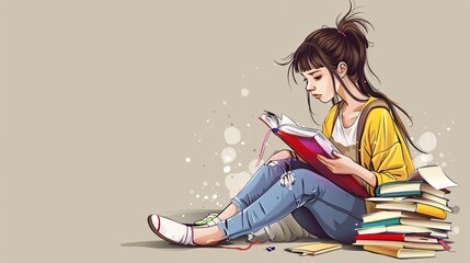 Girl reading or studying with books and notes, set against a plain color background, highly detailed