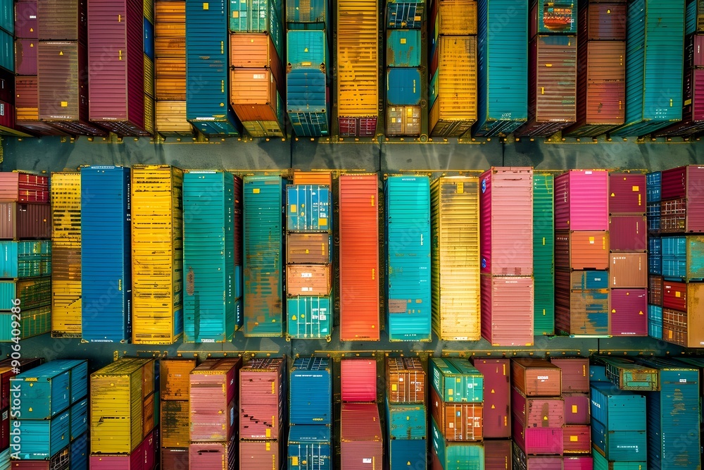 Poster aerial view of colorful shipping containers in a port