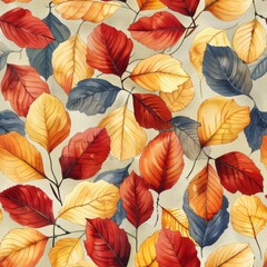 Fototapeta premium Seamless pattern with realistic autumn leaves on a beige background. Autumn background in red, orange and yellow colors. Designed for use on the internet, printing and on wallpaper.