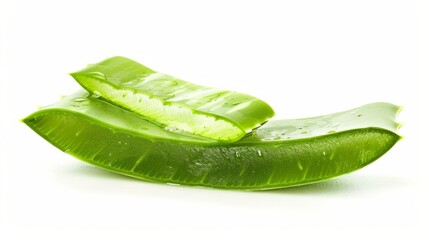 A vibrant slice of aloe vera leaf, showing its fleshy, gel-filled interior. The image highlights the fresh, green, and natural qualities of the aloe leaf.