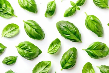 Fototapeta premium Various fresh and vibrant basil leaves scattered on a white background, capturing the diverse shapes and vivid green color, emphasizing freshness and organic quality.