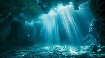 Mystical Underwater Cave with Shimmering Sunlight Beams and Serene Aquatic Atmosphere