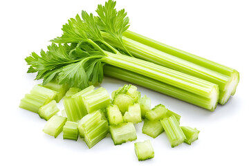 Chopped fresh green celery leaves isolated on white background