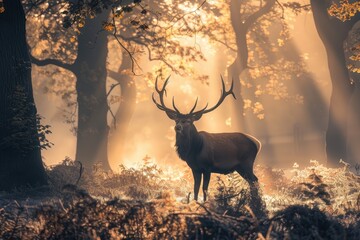 A majestic red deer stag standing in a misty European forest at dawn, with light filtering through the trees.