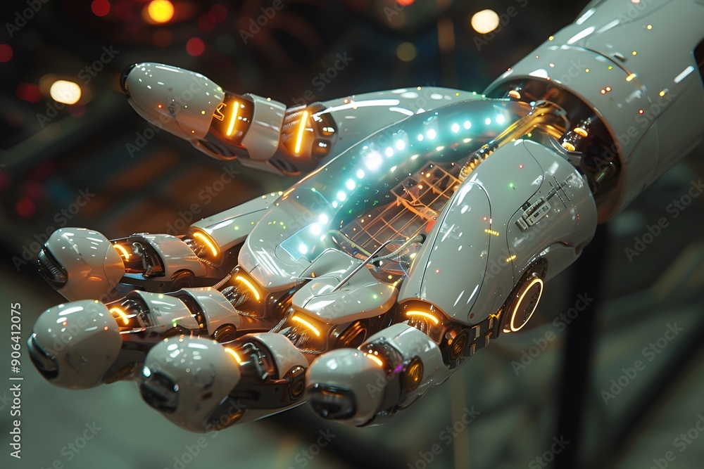 Poster futuristic robotic hand with glowing elements and intricate design
