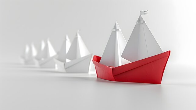 The concept of leadership illustrated by a red paper flagship leading a formation of white paper ships on a pristine white background