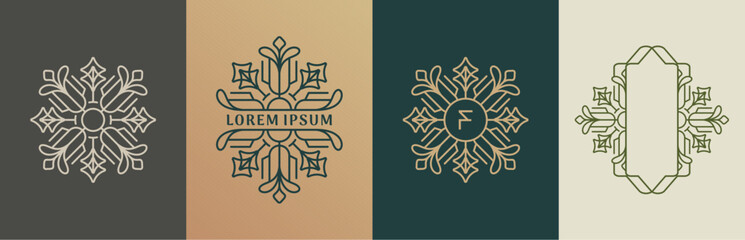 Luxury flowers and leaves logo design. Frames with copy space for text or letter. Abstract vector based creative line style template.