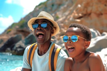 Obraz premium Cheerful father and son enjoying a summer vacation at the beach with white sand, showcasing big smiles and wide eyes. Perfect family holiday moment.