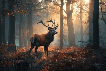 A majestic red deer stag standing in a misty European forest at dawn, with light filtering through the trees.