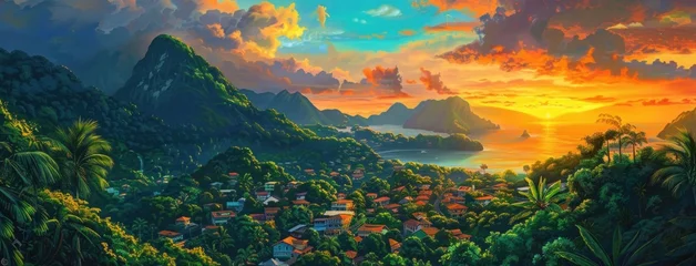 Vibrant sunset over a tropical landscape with mountains, lush greenery, and a serene coastline The sky displays vivid colors of orange, yellow, and blue