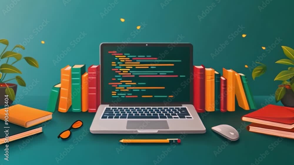 Poster a laptop with an online programming course displayed on its screen sits on a desk with books, glasse